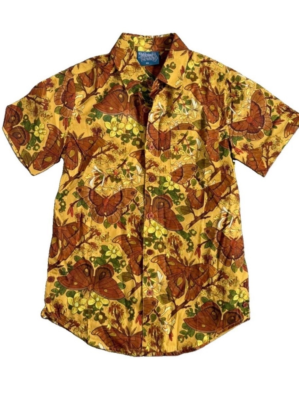 Morning Witch Mens  XS Moth Print Short Sleeve Button Down Entomology Goth
